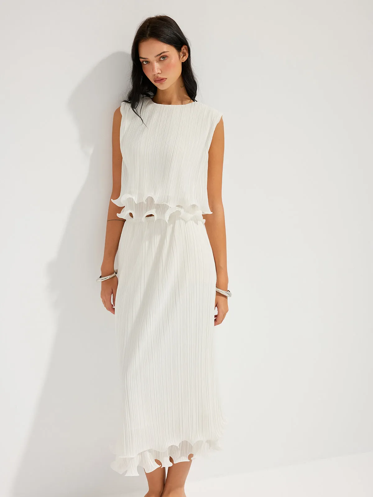 Pleated Ruffle Sleeveless Top & Midi Skirt Set sold by COMMENSE product image thumbnail 4