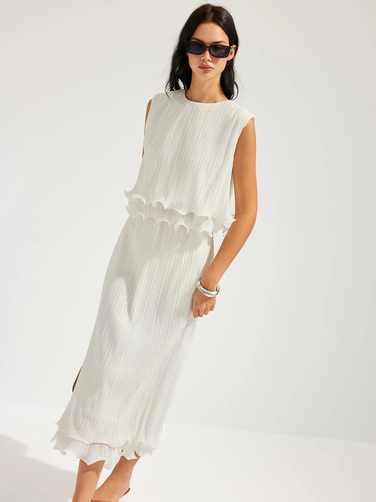 Pleated Ruffle Sleeveless Top & Midi Skirt Set sold by COMMENSE