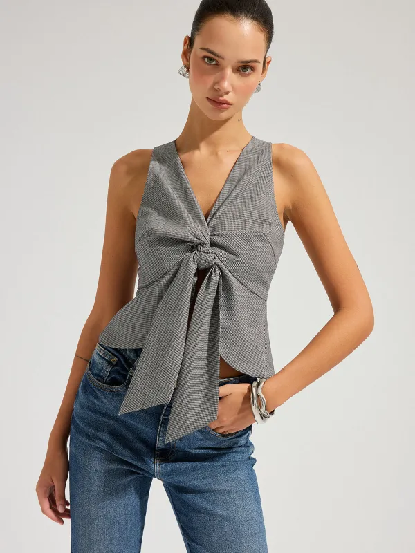 Houndstooth Sleeveless Knot-Front Top made by COMMENSE