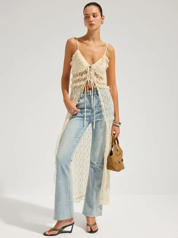 Ruffle Lace Sheer Cami Midi Dress made by COMMENSE