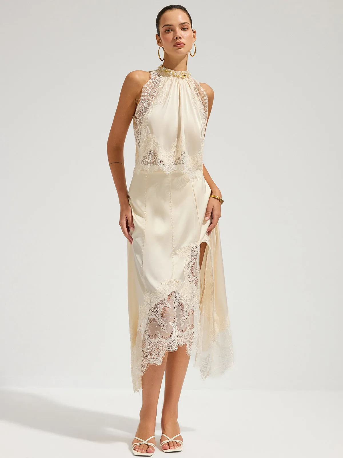 Satin Lace Trim Top & Asymmetrical Skirt Set sold by COMMENSE product image thumbnail 3
