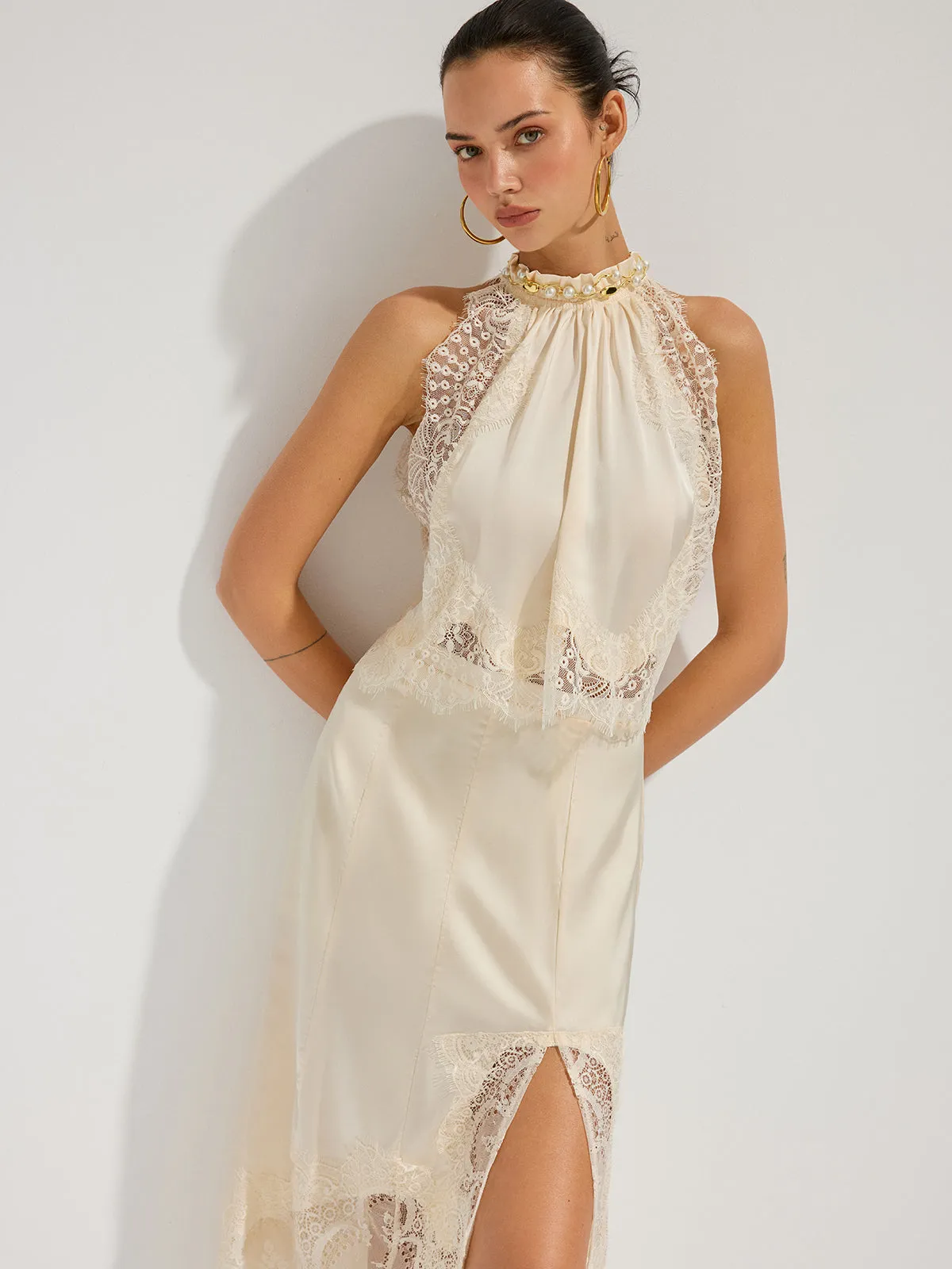 Satin Lace Trim Top & Asymmetrical Skirt Set sold by COMMENSE product image thumbnail 4
