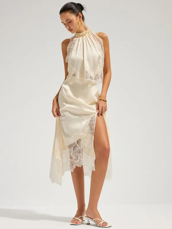 Satin Lace Trim Top & Asymmetrical Skirt Set made by COMMENSE