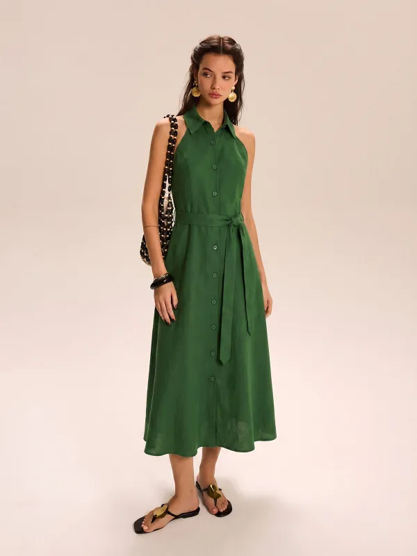 Belted Cotton Linen Halter Shirt Maxi Dress made by COMMENSE