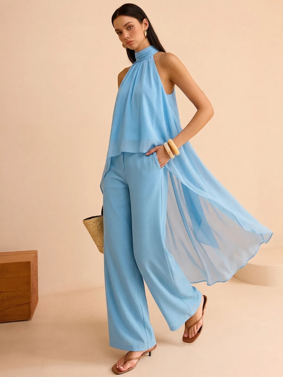Flowy Chiffon Sleeveless Top & Pants Set sold by COMMENSE