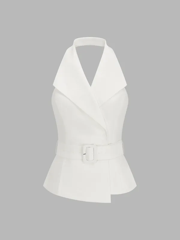 Belted Cotton Linen Halter Tank Top made by COMMENSE