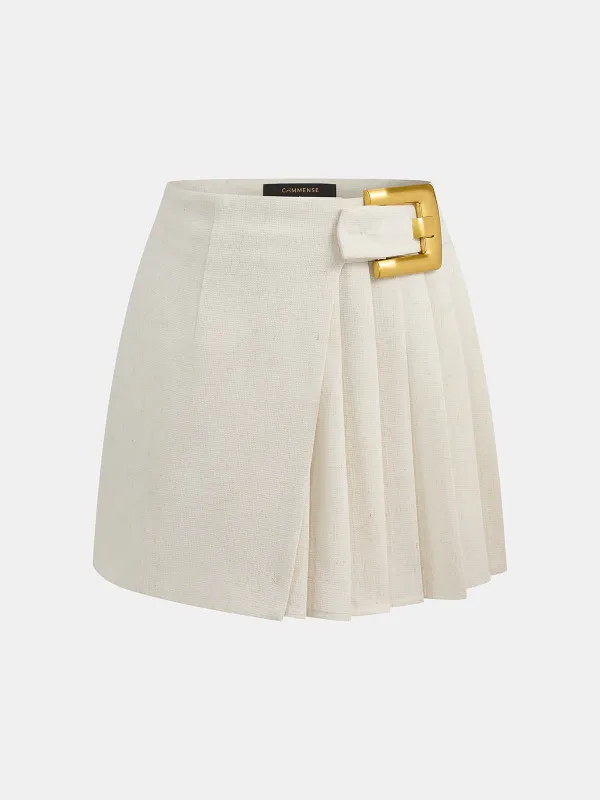 Linen Blend Buckle Pleated Mini Skirt made by COMMENSE