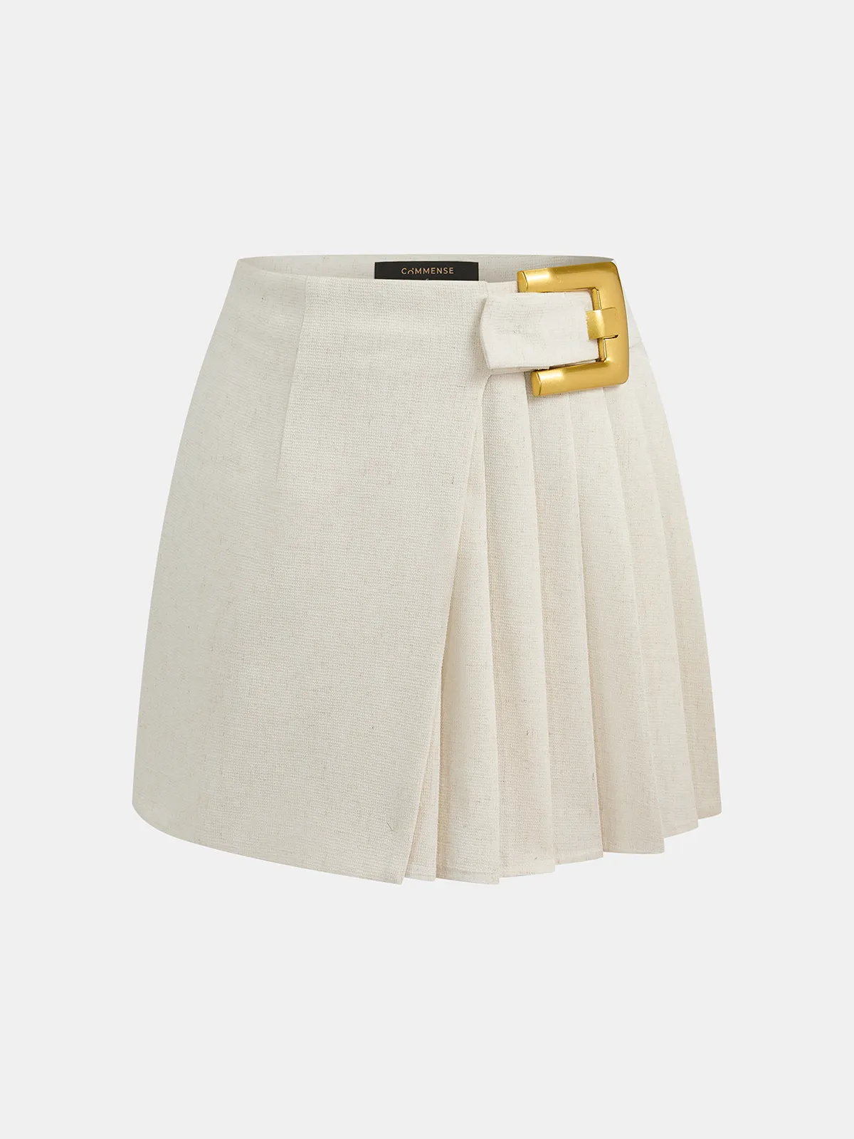 Linen Blend Buckle Pleated Mini Skirt sold by COMMENSE