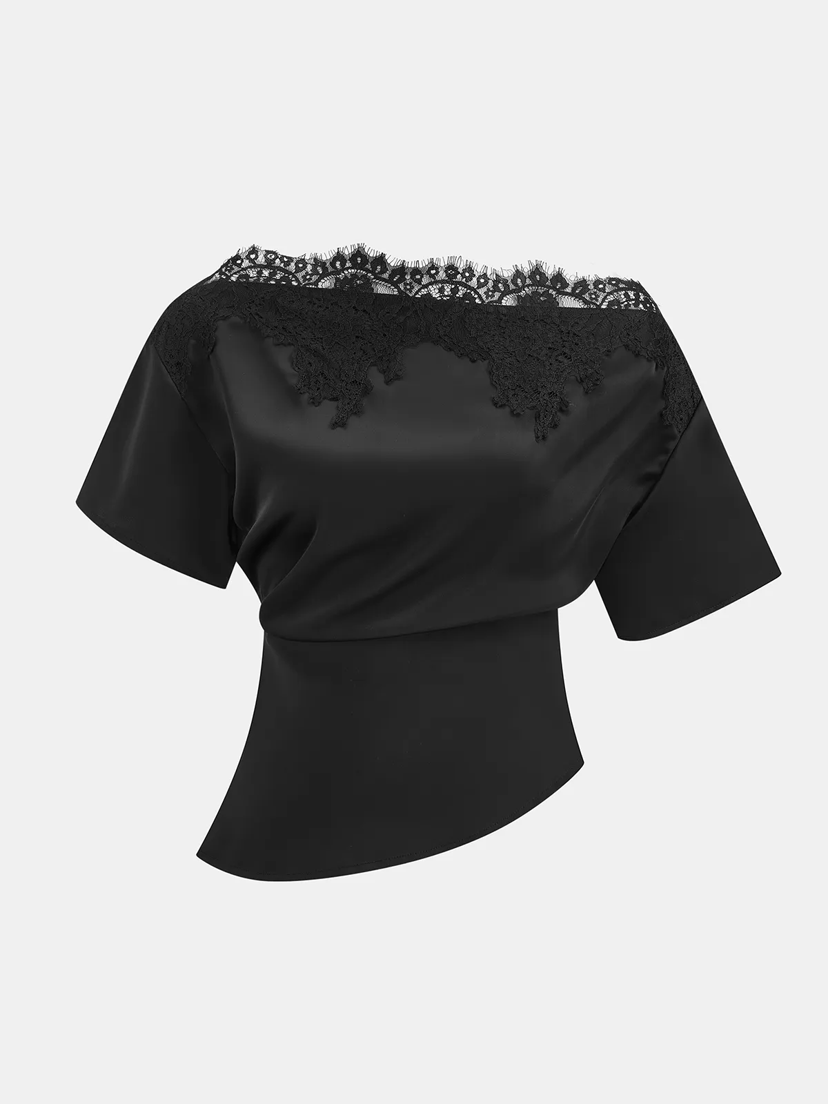 Satin Off-Shoulder Lace Trim Asymmetrical Top sold by COMMENSE