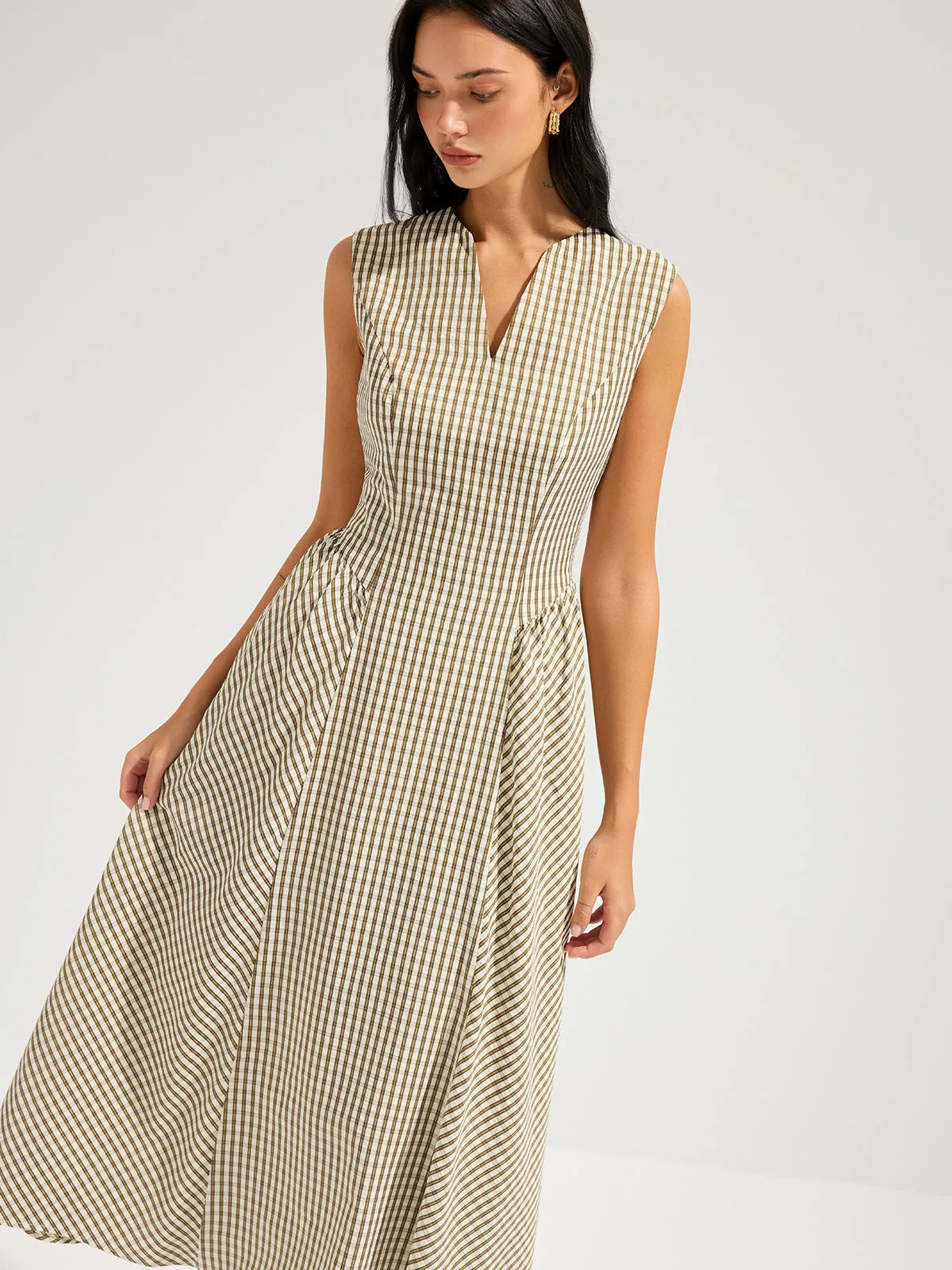 Cotton Blend Check Sleeveless Maxi Dress sold by COMMENSE product image thumbnail 4