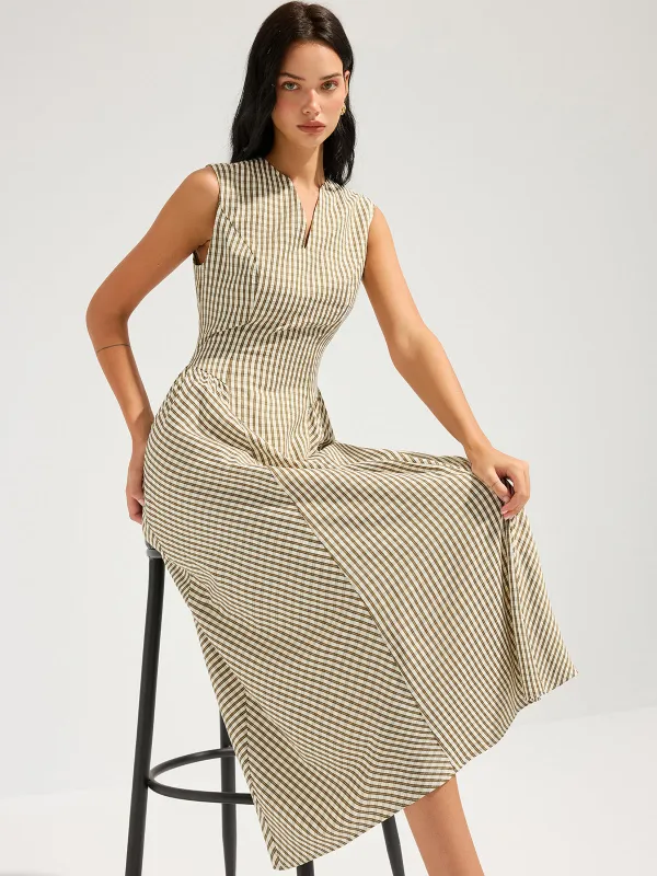 Cotton Blend Check Sleeveless Maxi Dress made by COMMENSE