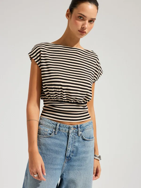 Striped Boat Neck Cinched Waist Top made by COMMENSE