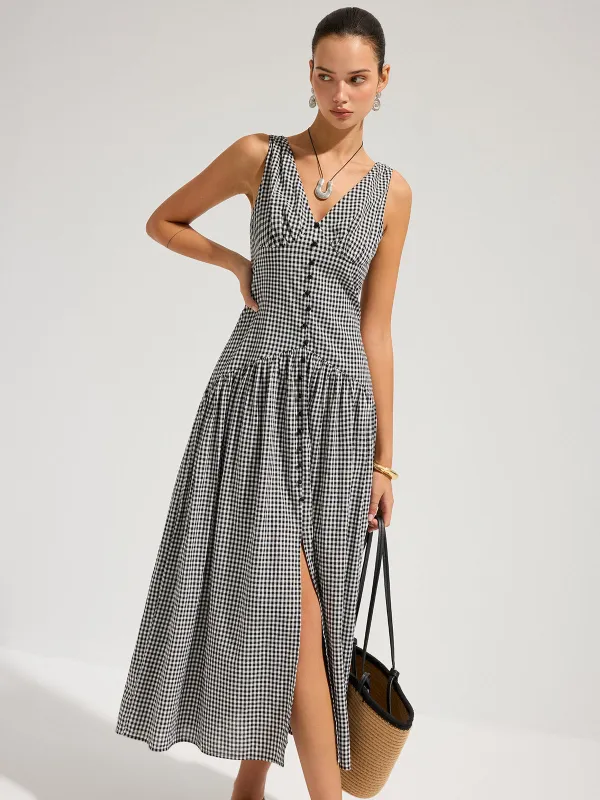 Gingham Cotton Sleeveless V-Neck Maxi Dress made by COMMENSE