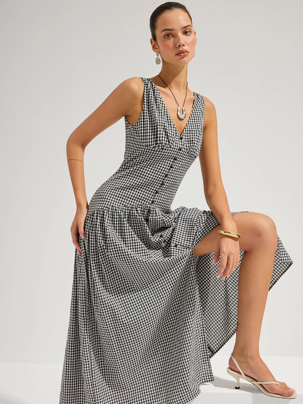 Gingham Cotton Sleeveless V-Neck Maxi Dress sold by COMMENSE product image thumbnail 5