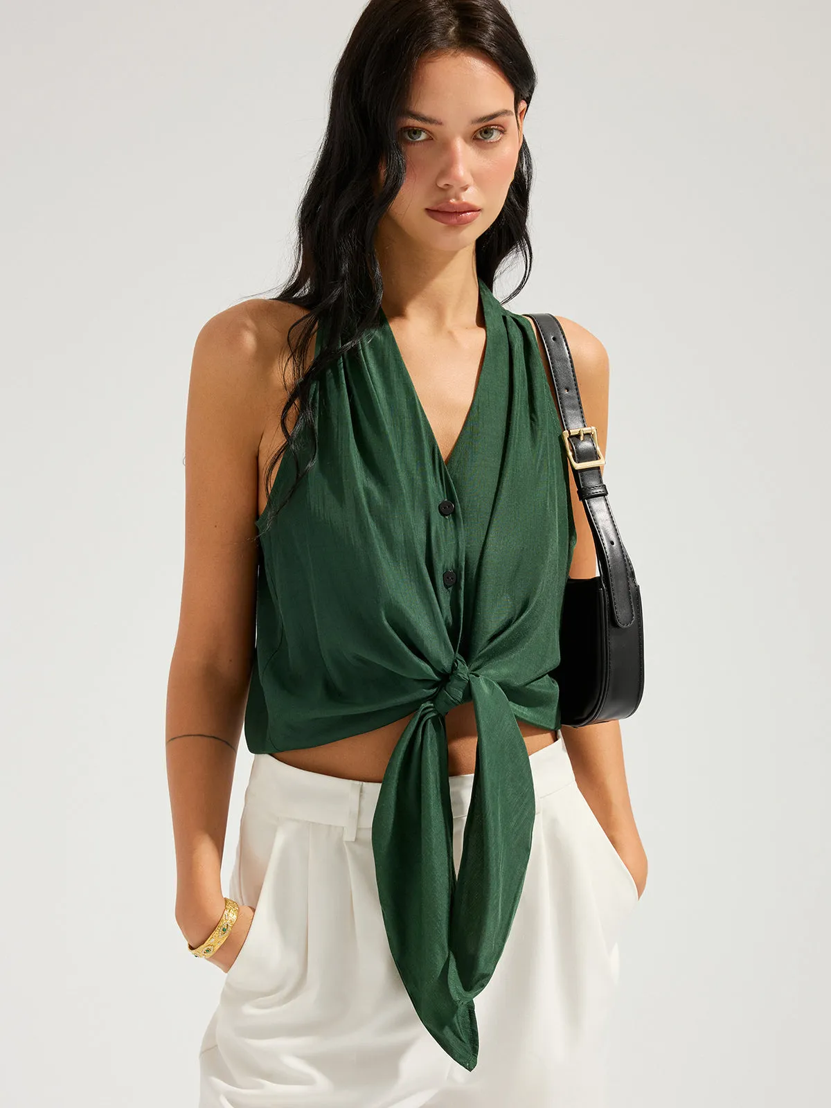 V-Neck Tie-Front Sleeveless Top sold by COMMENSE