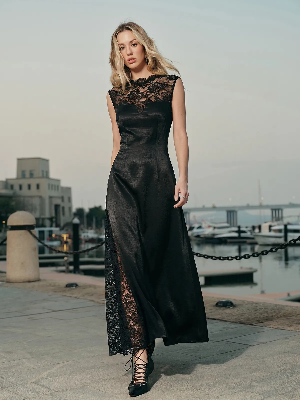 Lace Panel Sleeveless Maxi Dress sold by COMMENSE