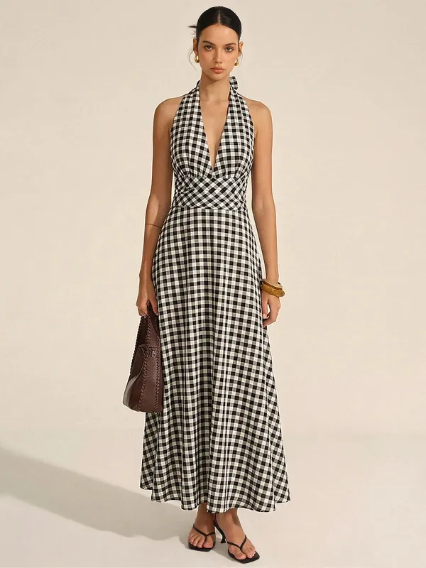 Gingham Halter Cotton Blend Maxi Dress made by COMMENSE