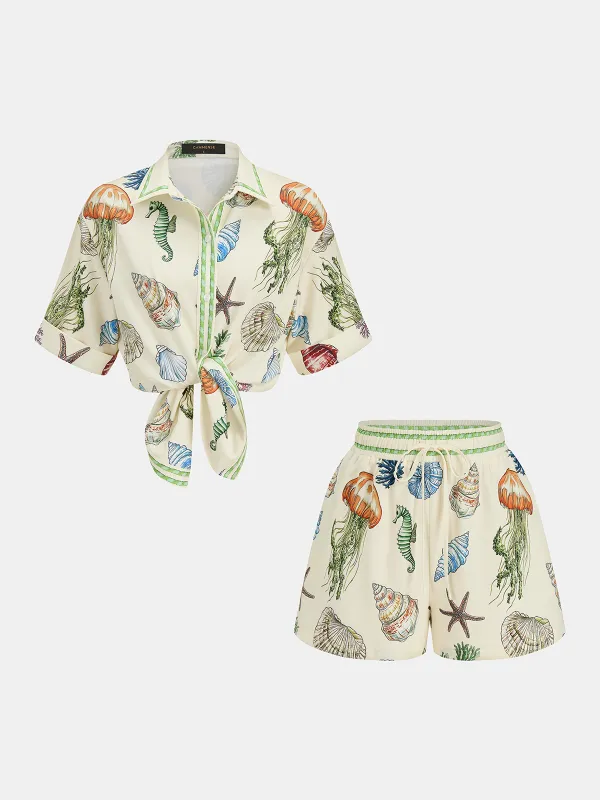 Marine Print Shirt & Drawstring Shorts Set made by COMMENSE