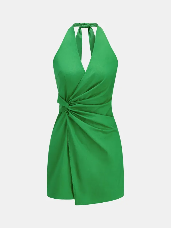 Twisted Halter Cotton Linen Mini Dress made by COMMENSE