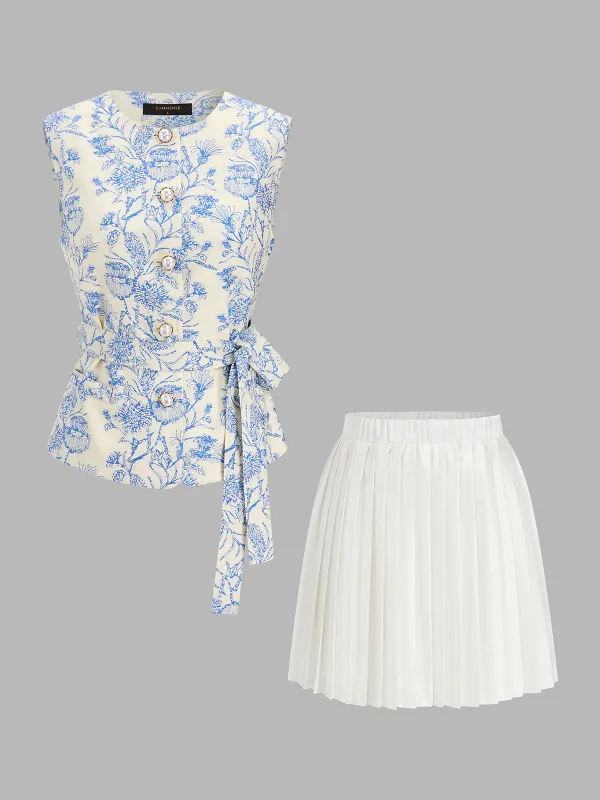 Floral Print Belted Vest & Pleated Mini Skirt Set made by COMMENSE