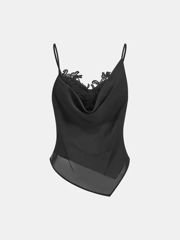 Cowl Neck Lace Trim Sheer Cami Top made by COMMENSE