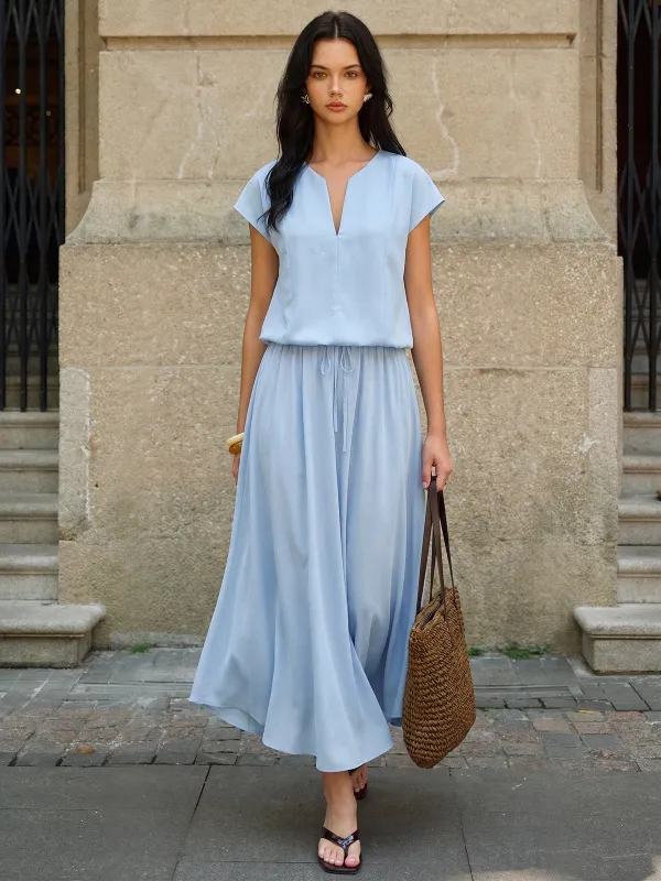 V-Neck Cap Sleeve Top & Drawstring Skirt Set made by COMMENSE