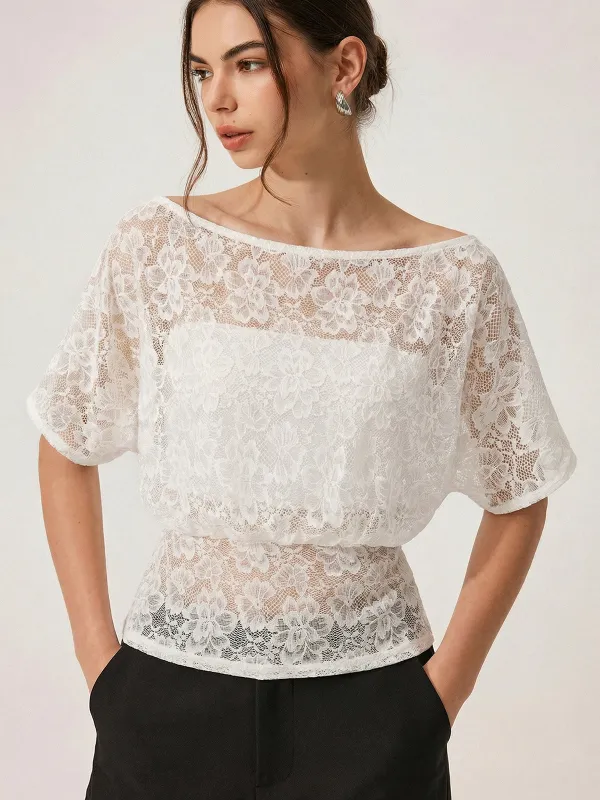 Lace Off-Shoulder Top with Built-in Bandeau made by COMMENSE