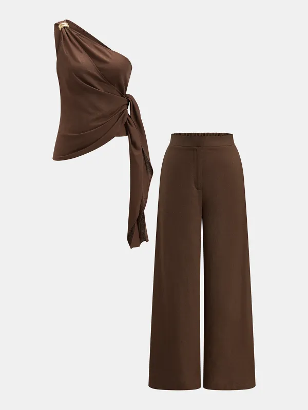 One-Shoulder Metal Detail Tie Top & Pants Set made by COMMENSE