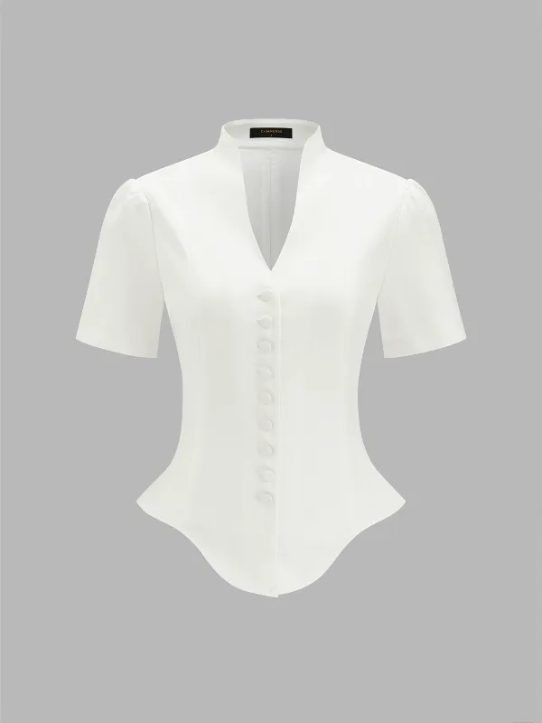 Stand Collar Button Front Asymmetrical Hem Blouse made by COMMENSE