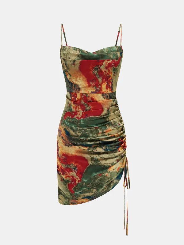 Abstract Print Ruched Drawstring Cami Mini Dress made by COMMENSE