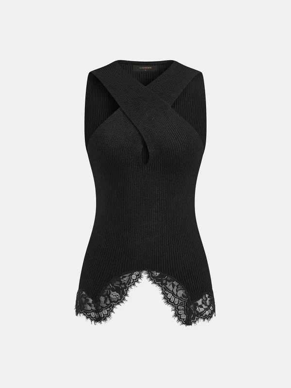 Cross Neck Lace Trim Knit Tank Top made by COMMENSE