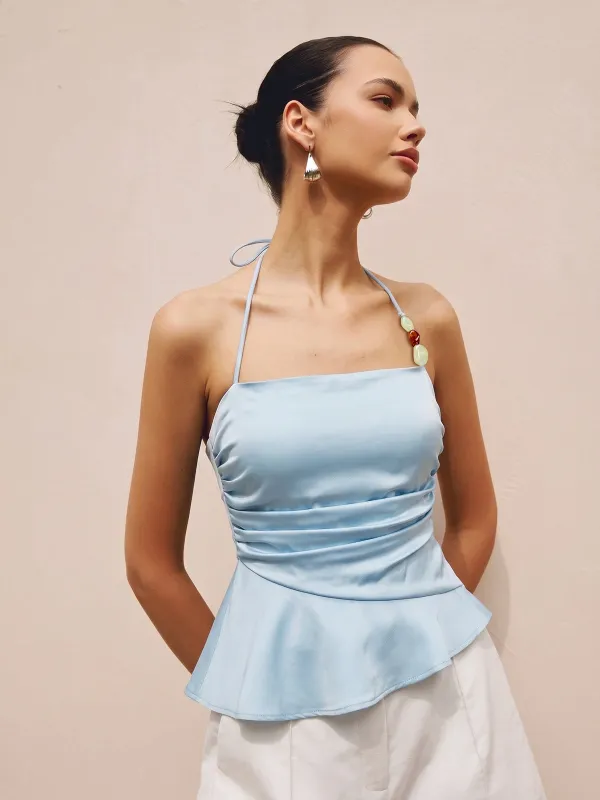 Bead Detail Tencel Ruched Halter Peplum Top made by COMMENSE