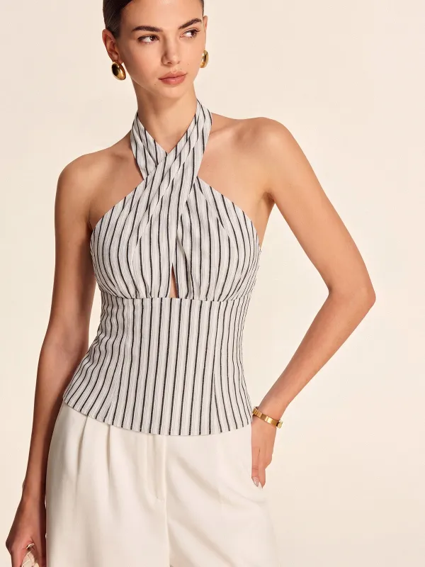 Striped Cotton Crisscross Halter Top made by COMMENSE