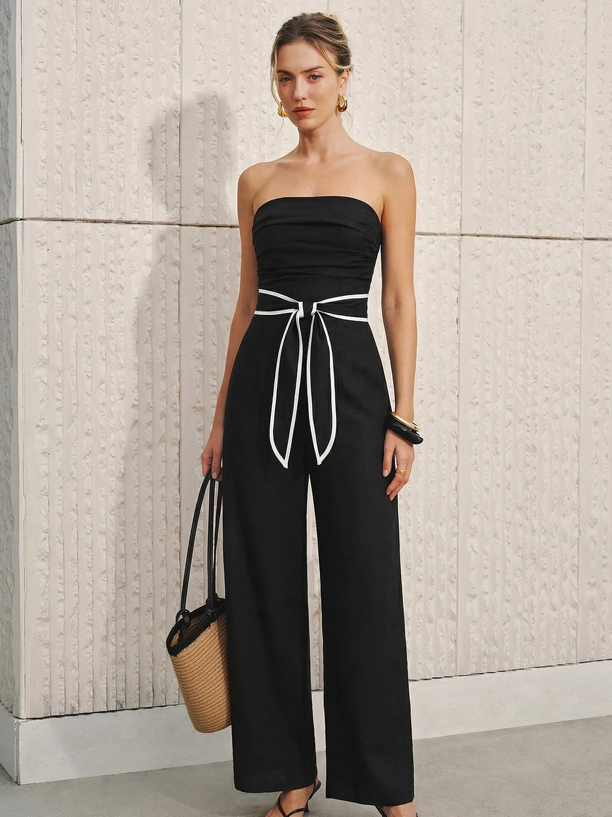 Linen-Blend Strapless Tie-Waist Wide Leg Jumpsuit sold by COMMENSE