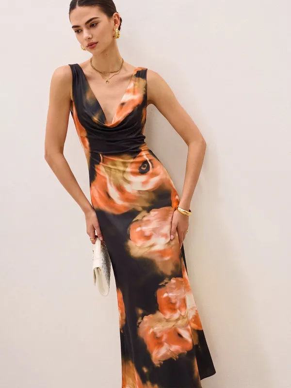 Orange Floral Print Cowl Neck Maxi Dress made by COMMENSE