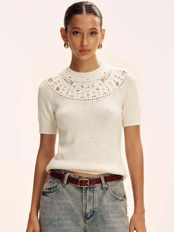 Hollow Out Crochet Short Sleeve Knit Top made by COMMENSE