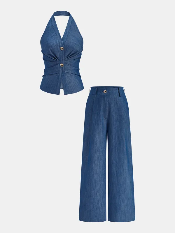 Faux Denim Halter Ruched Top & Pants Set made by COMMENSE