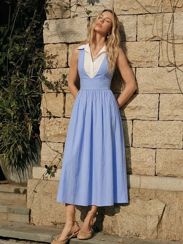 Cotton Blend Sleeveless Collared Maxi Dress made by COMMENSE