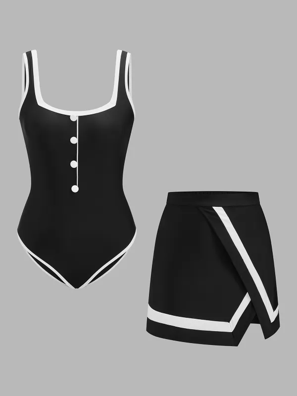 Contrast Trim One Piece Swimsuit & Skirt Set made by COMMENSE