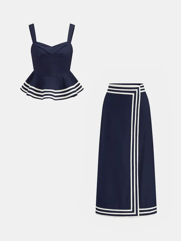 Cotton Peplum Top & Striped Midi Skirt Set made by COMMENSE