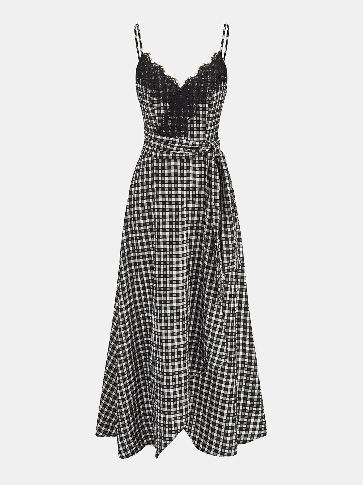 Gingham Lace Trim Cami Midi Dress sold by COMMENSE