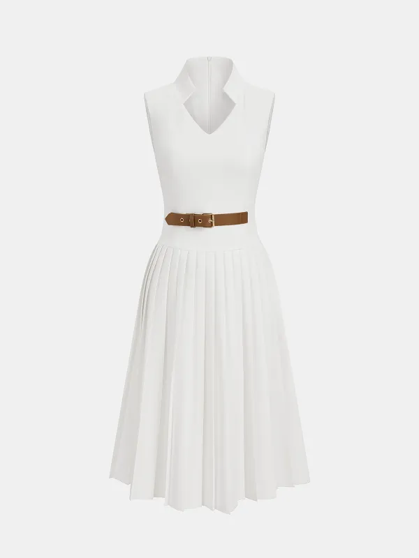 Belted Sleeveless Pleated Collared Dress made by COMMENSE