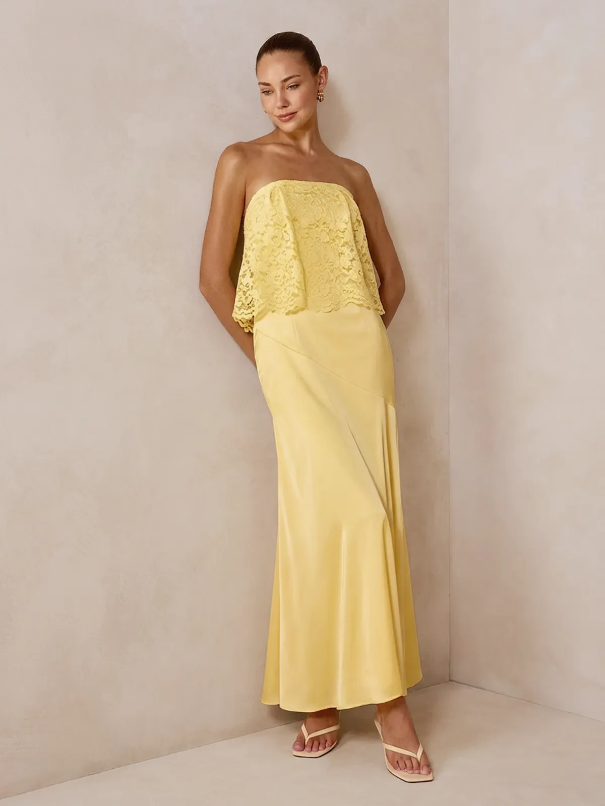 Lace Overlay Satin Maxi Dress sold by COMMENSE