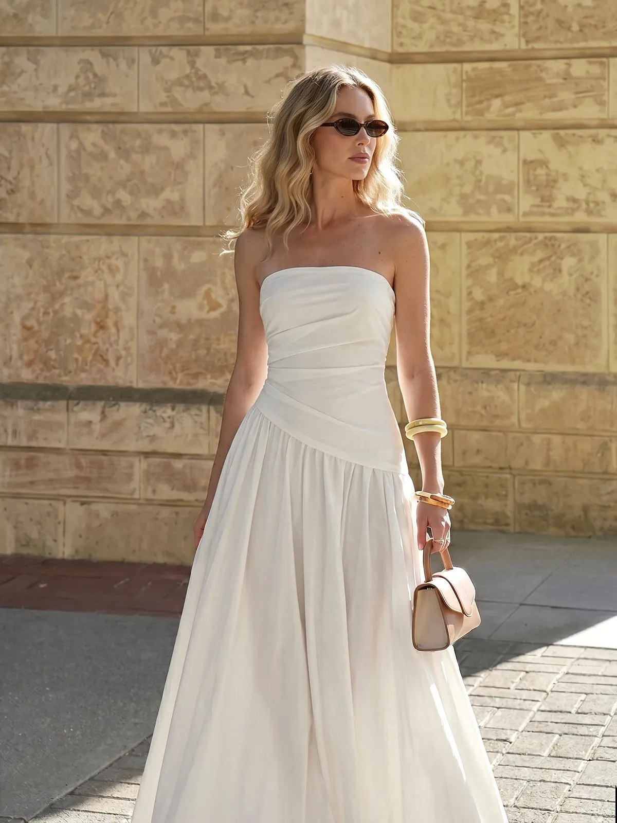 Strapless Ruched Flowy Maxi Dress sold by COMMENSE