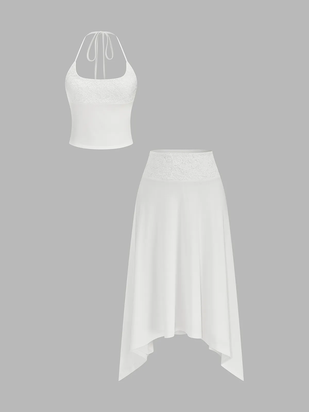 Lace Halter Crop Top & Asymmetric Midi Skirt Set sold by COMMENSE product image thumbnail 2