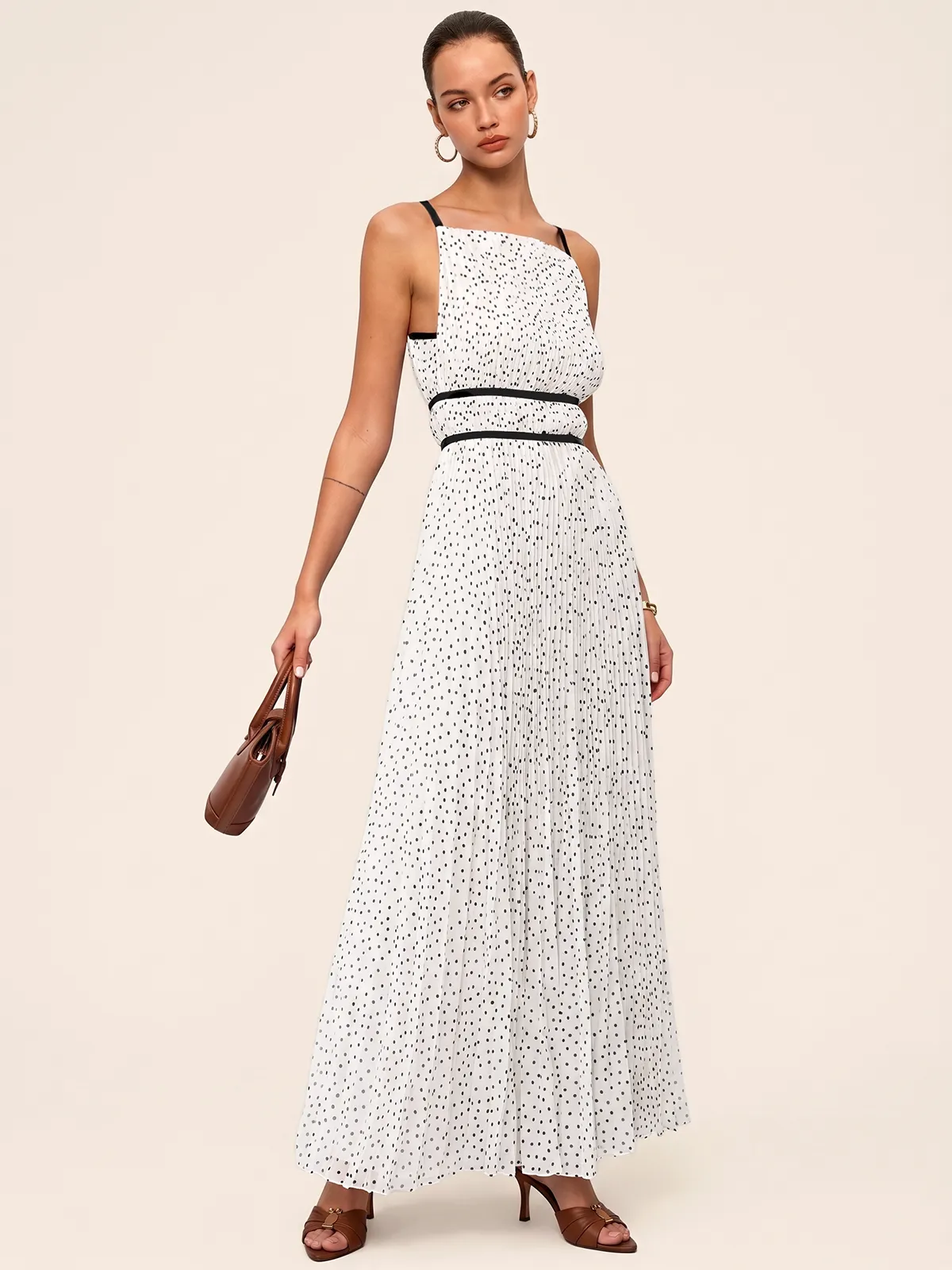 Polka Dot Pleated Cami Maxi Dress sold by COMMENSE