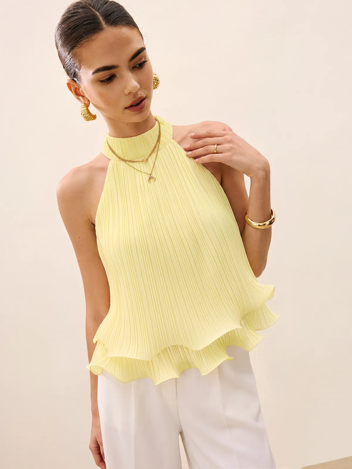 Pleated Layered Ruffle Halter Tank Top sold by COMMENSE