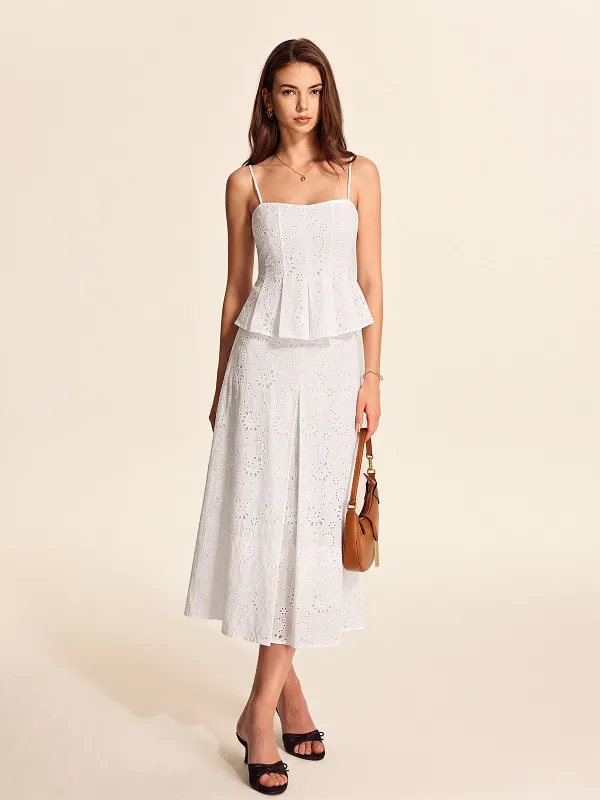 Eyelet Embroidered Cami Top & Midi Skirt Set made by COMMENSE