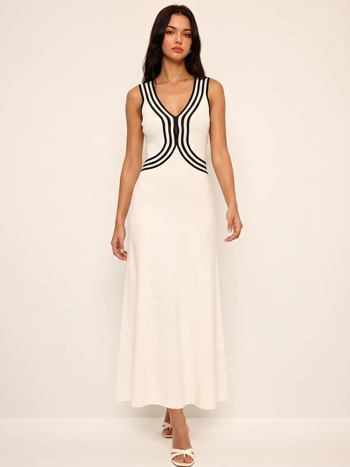 Striped Sleeveless V Neck Knit Maxi Dress sold by COMMENSE