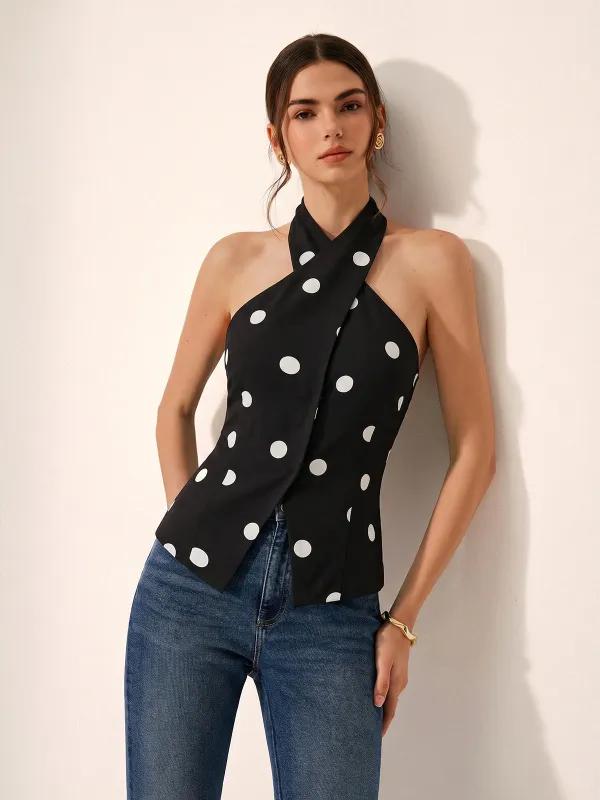 Polka Dot Crisscross Halter Tank Top made by COMMENSE
